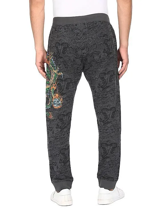 Ed Hardy Men Dark Grey Printed Cotton Joggers