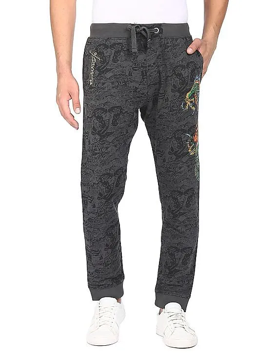 Ed Hardy Men Dark Grey Printed Cotton Joggers