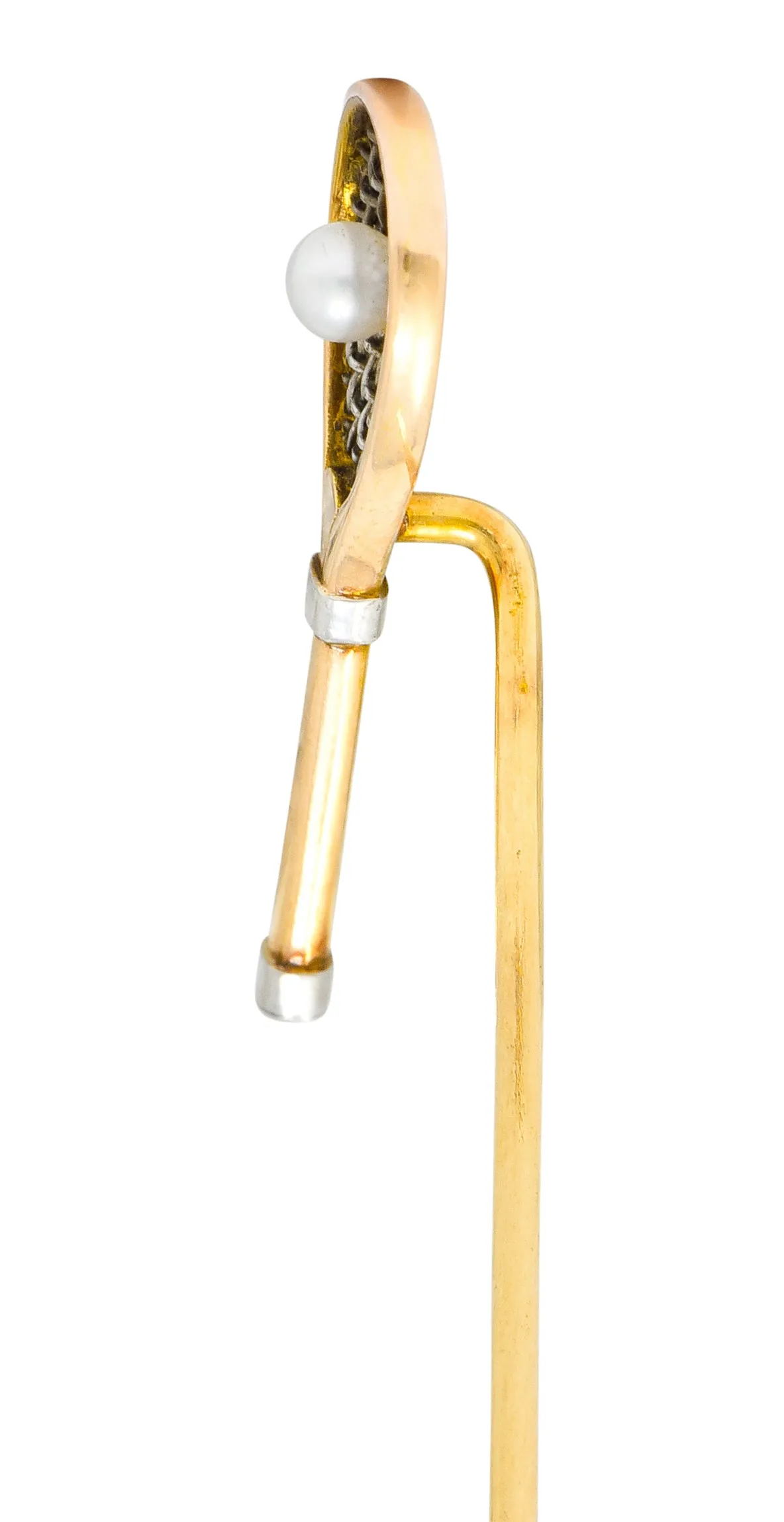 Edwardian Pearl Platinum-Topped 14 Karat Rose Gold Tennis Racket Stickpin