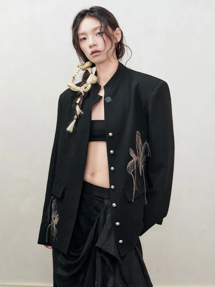 Embroidery Nichi Flower Band-Collar Jacket
