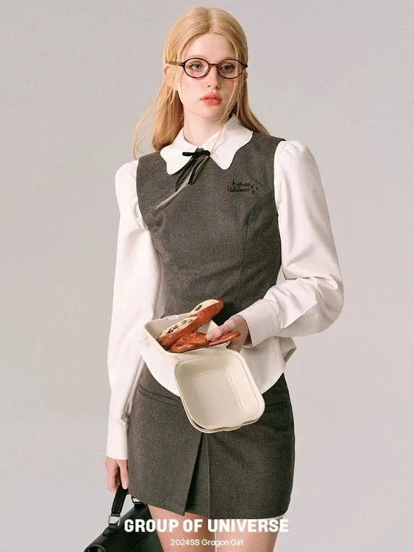 Embroidery Slim Short Vest ＆Tuck Mini Skirt