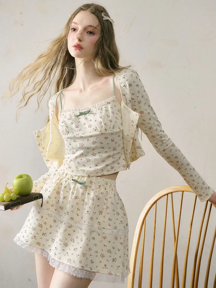 French Floral Girly Camisole ＆ Cropped Cardigan ＆ Skirt