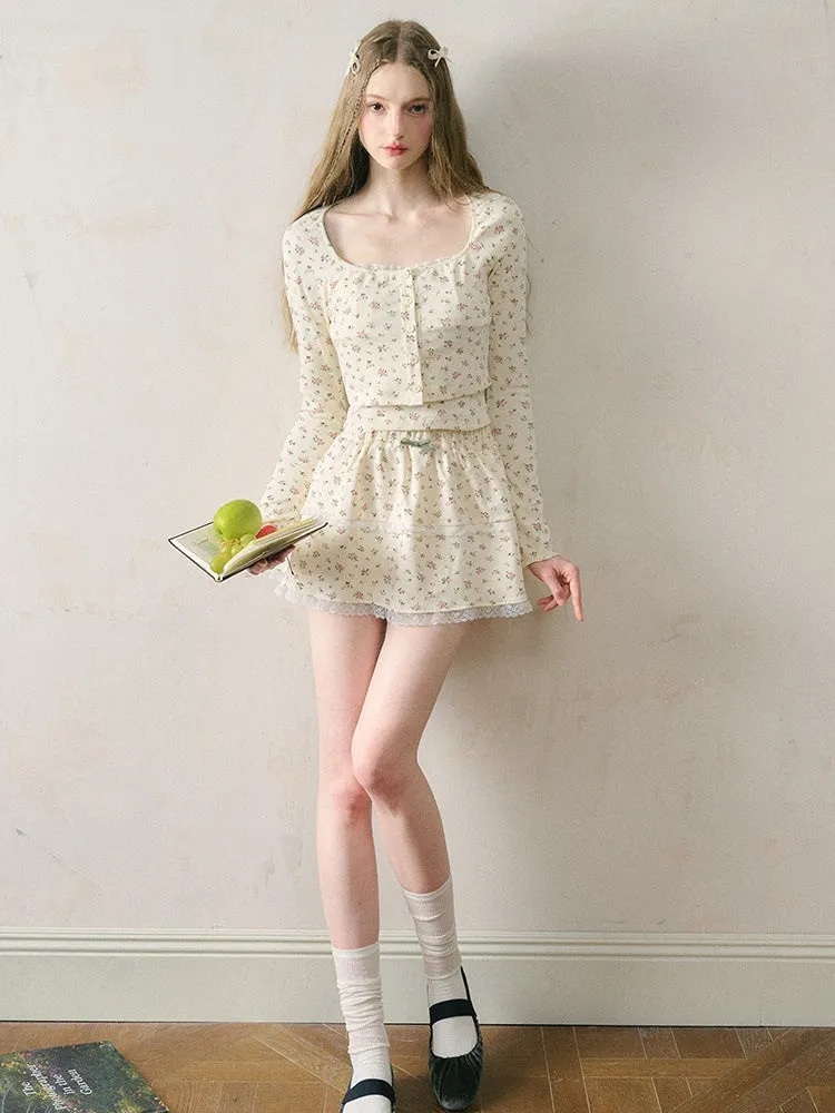 French Floral Girly Camisole ＆ Cropped Cardigan ＆ Skirt
