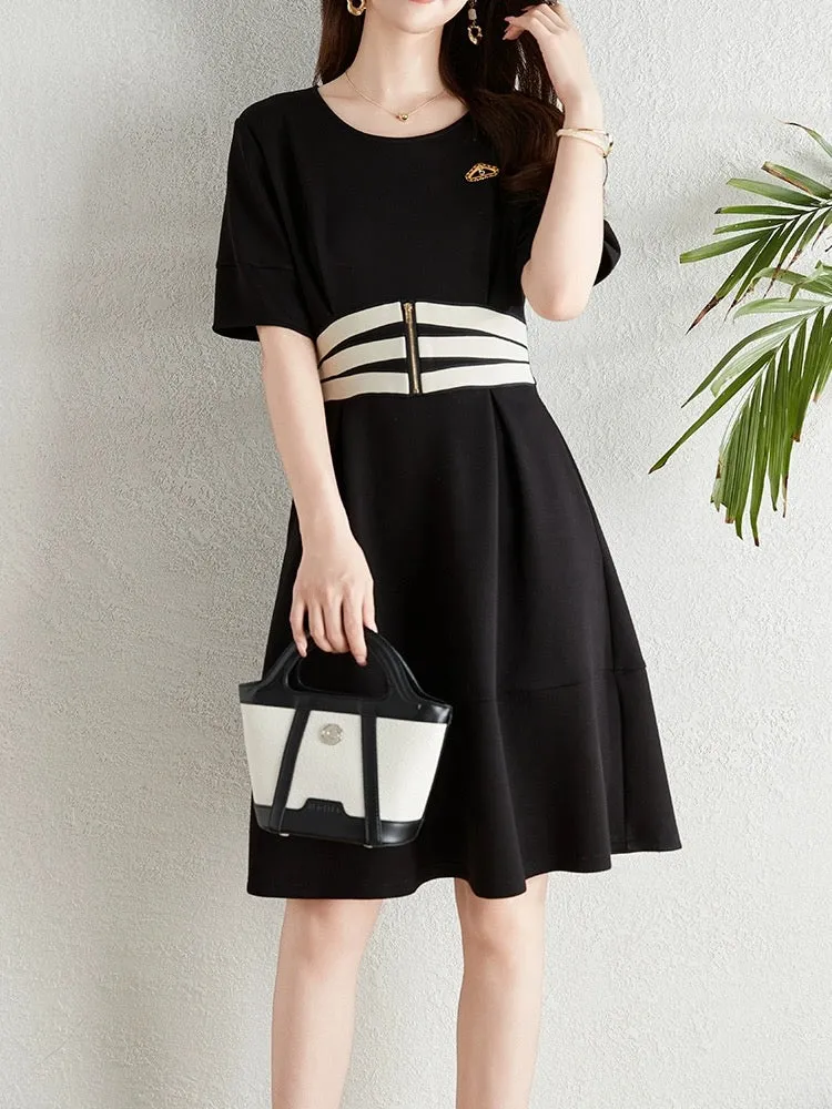 French Hepburn style spliced black dress for women summer 2024 new small waist slimming temperament a-line skirt