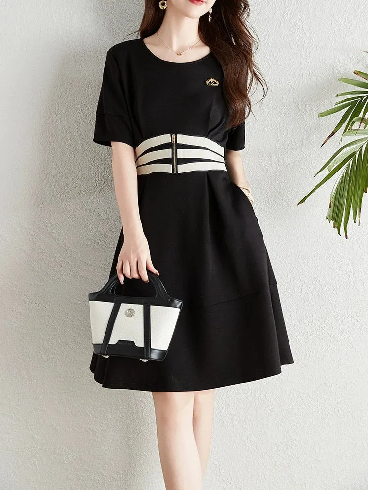 French Hepburn style spliced black dress for women summer 2024 new small waist slimming temperament a-line skirt