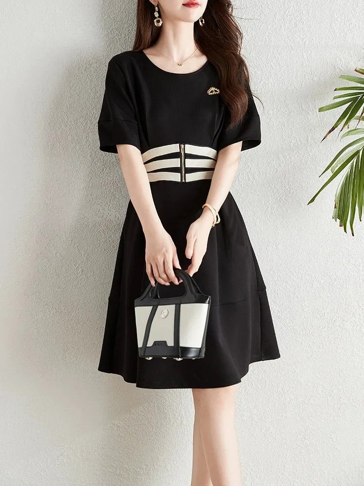 French Hepburn style spliced black dress for women summer 2024 new small waist slimming temperament a-line skirt