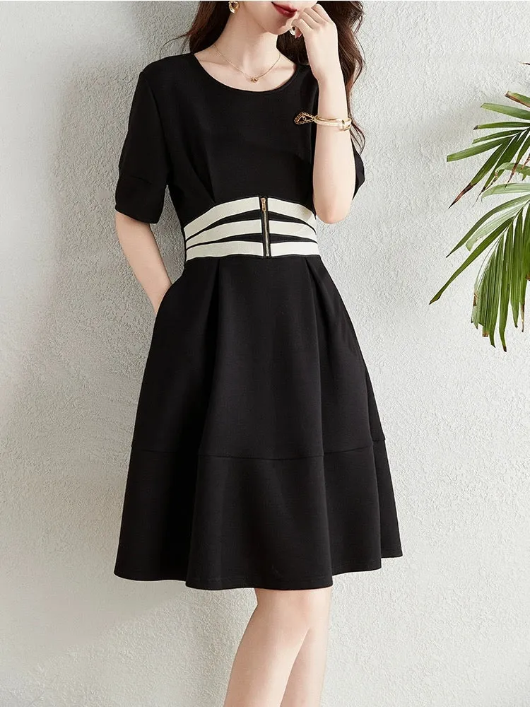 French Hepburn style spliced black dress for women summer 2024 new small waist slimming temperament a-line skirt