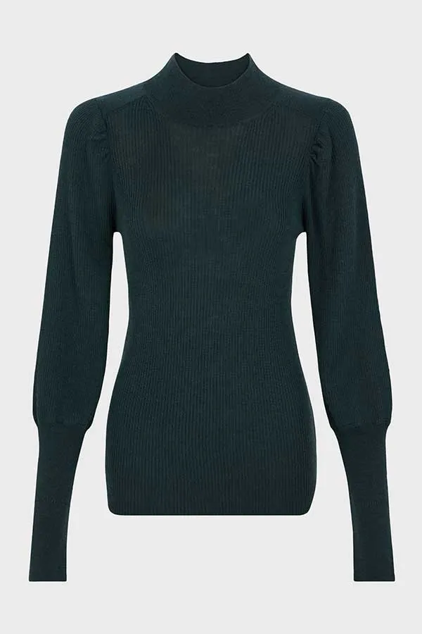 Gerard Darel LANCELOT DARK GREEN STAND UP COLLAR FINE WOOL RIBBED SWEATER