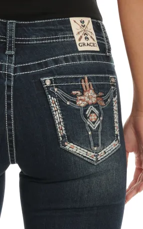 Grace in LA Women's Dark Wash Longhorn Skull Pockets Boot Cut Jeans