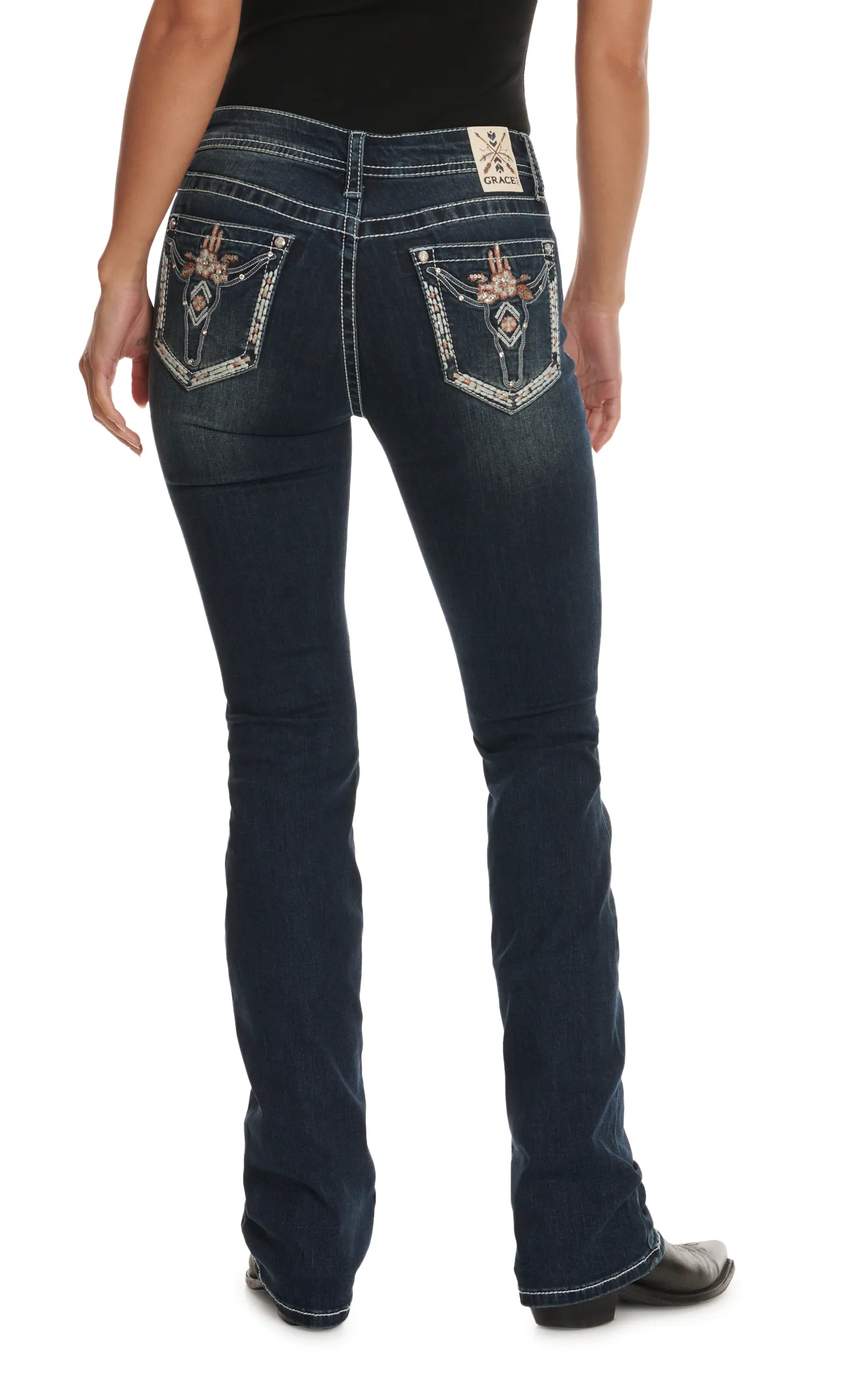 Grace in LA Women's Dark Wash Longhorn Skull Pockets Boot Cut Jeans