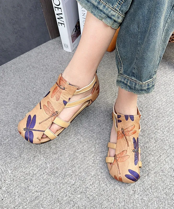 Handmade Green Cowhide Leather Embossed Hollow Out Splicing Sandals