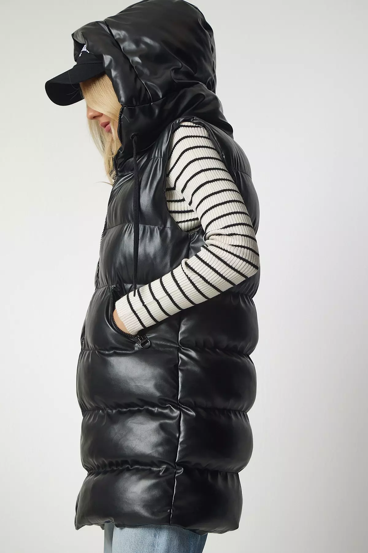 Happiness Istanbul Hooded Long Inflatable Faux Leather Vest