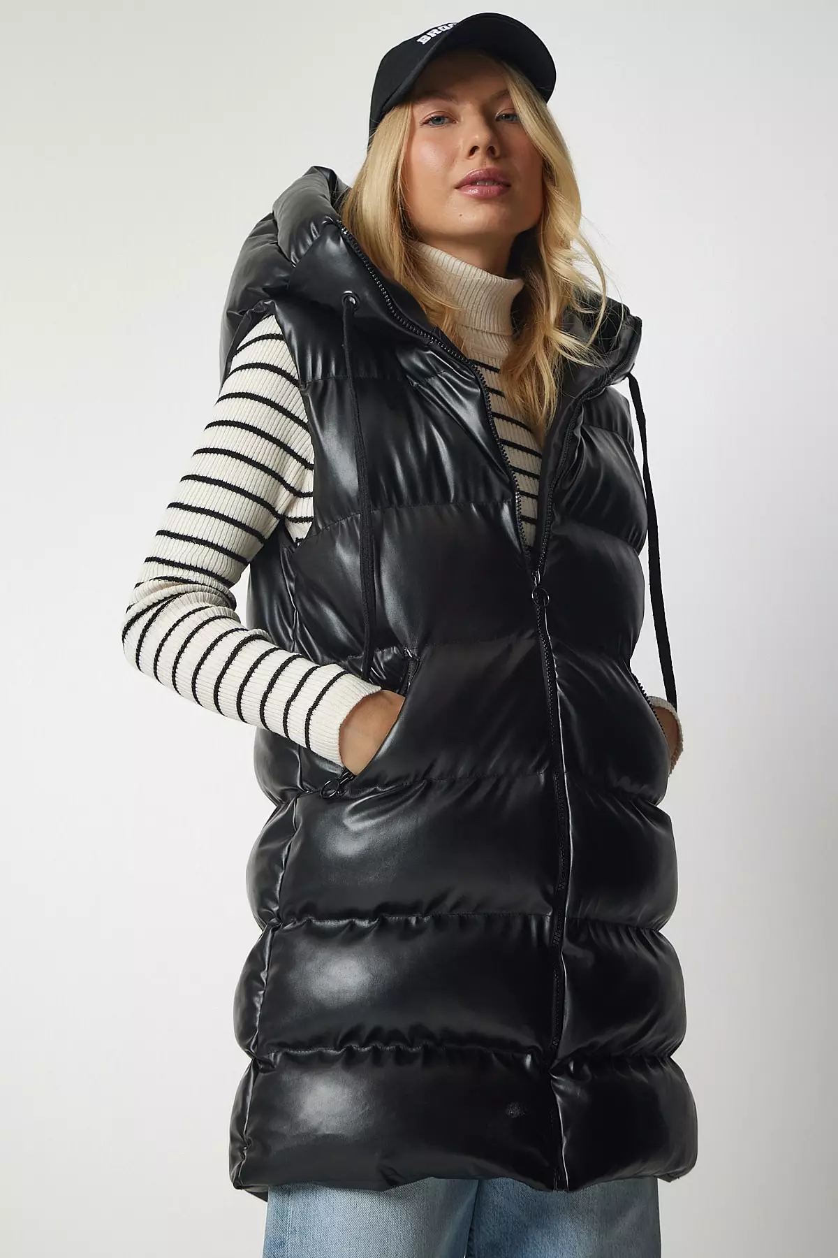 Happiness Istanbul Hooded Long Inflatable Faux Leather Vest