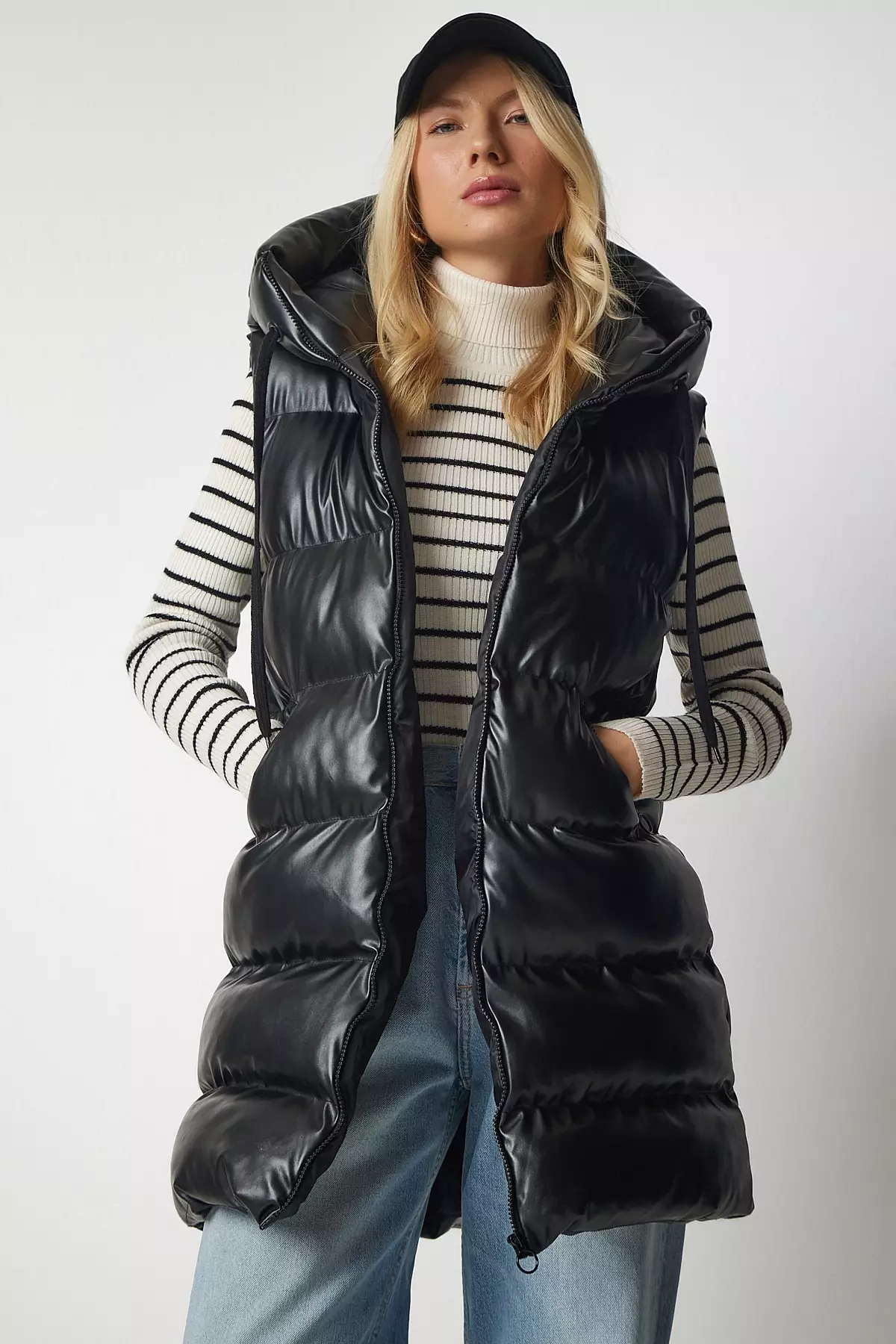 Happiness Istanbul Hooded Long Inflatable Faux Leather Vest