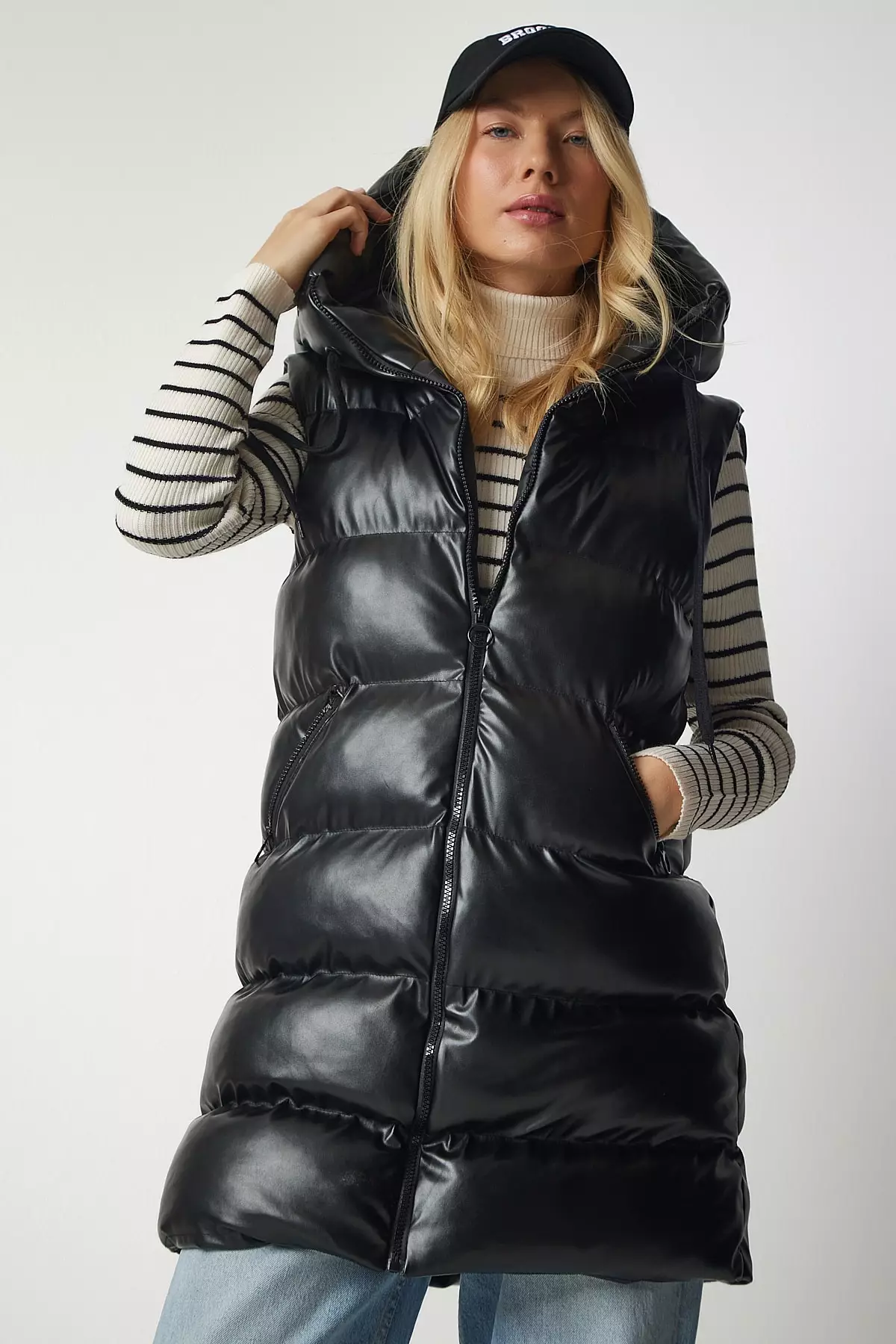 Happiness Istanbul Hooded Long Inflatable Faux Leather Vest