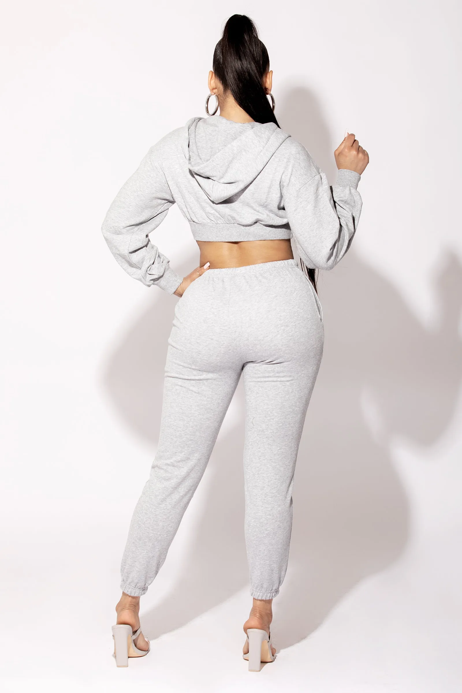 Heather Grey Hooded Cropped Zip Up Jacket