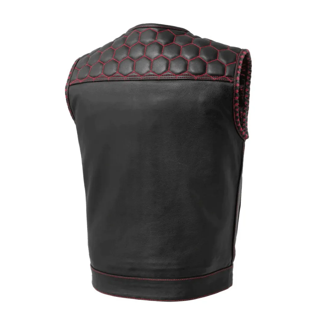 Hornet Mens Leather Vest with Red Stitching