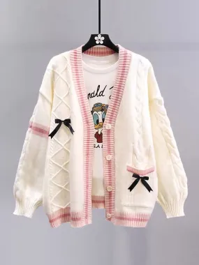 Japanese bow sweater jacket for women autumn and winter 2023 new loose and lazy style design age-reducing knitted cardigan