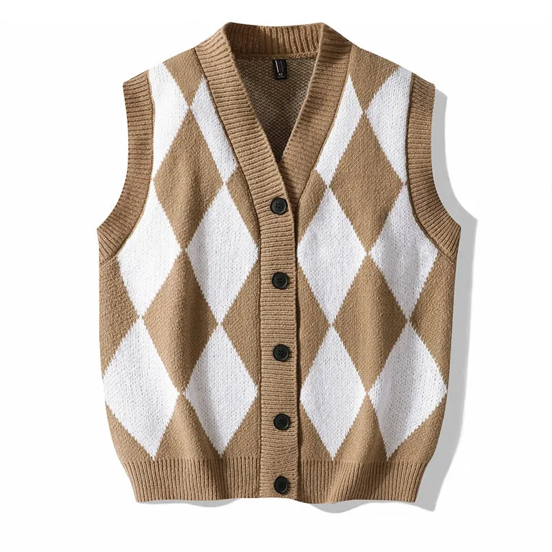 Japanese Men's Argyle Pattern V Neck Loose Oversized Knitted Vest Sweater