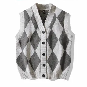 Japanese Men's Argyle Pattern V Neck Loose Oversized Knitted Vest Sweater