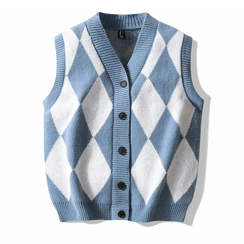 Japanese Men's Argyle Pattern V Neck Loose Oversized Knitted Vest Sweater