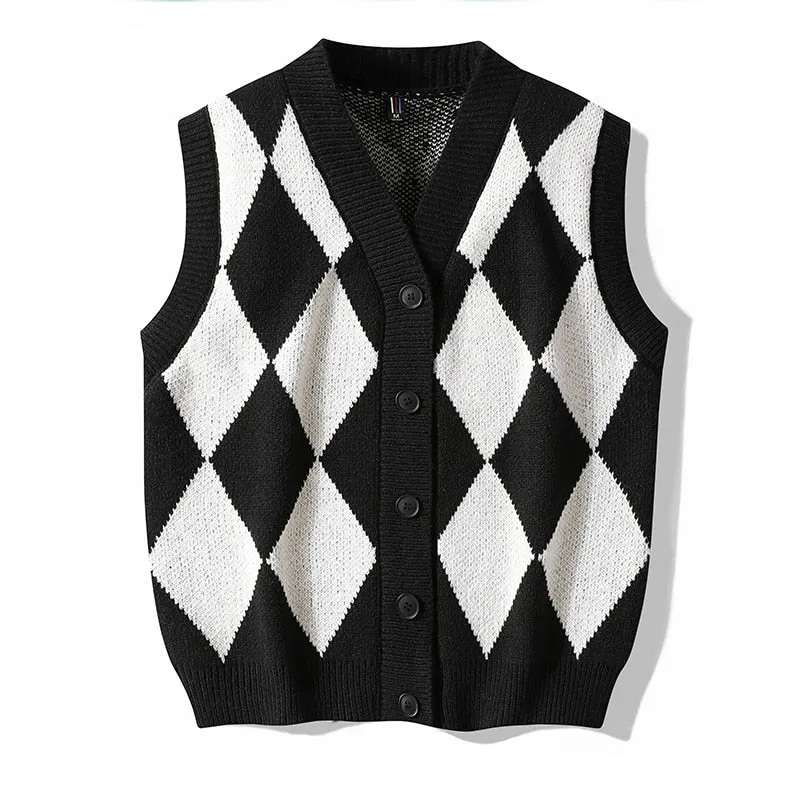 Japanese Men's Argyle Pattern V Neck Loose Oversized Knitted Vest Sweater