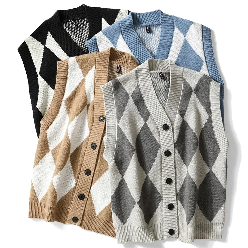 Japanese Men's Argyle Pattern V Neck Loose Oversized Knitted Vest Sweater