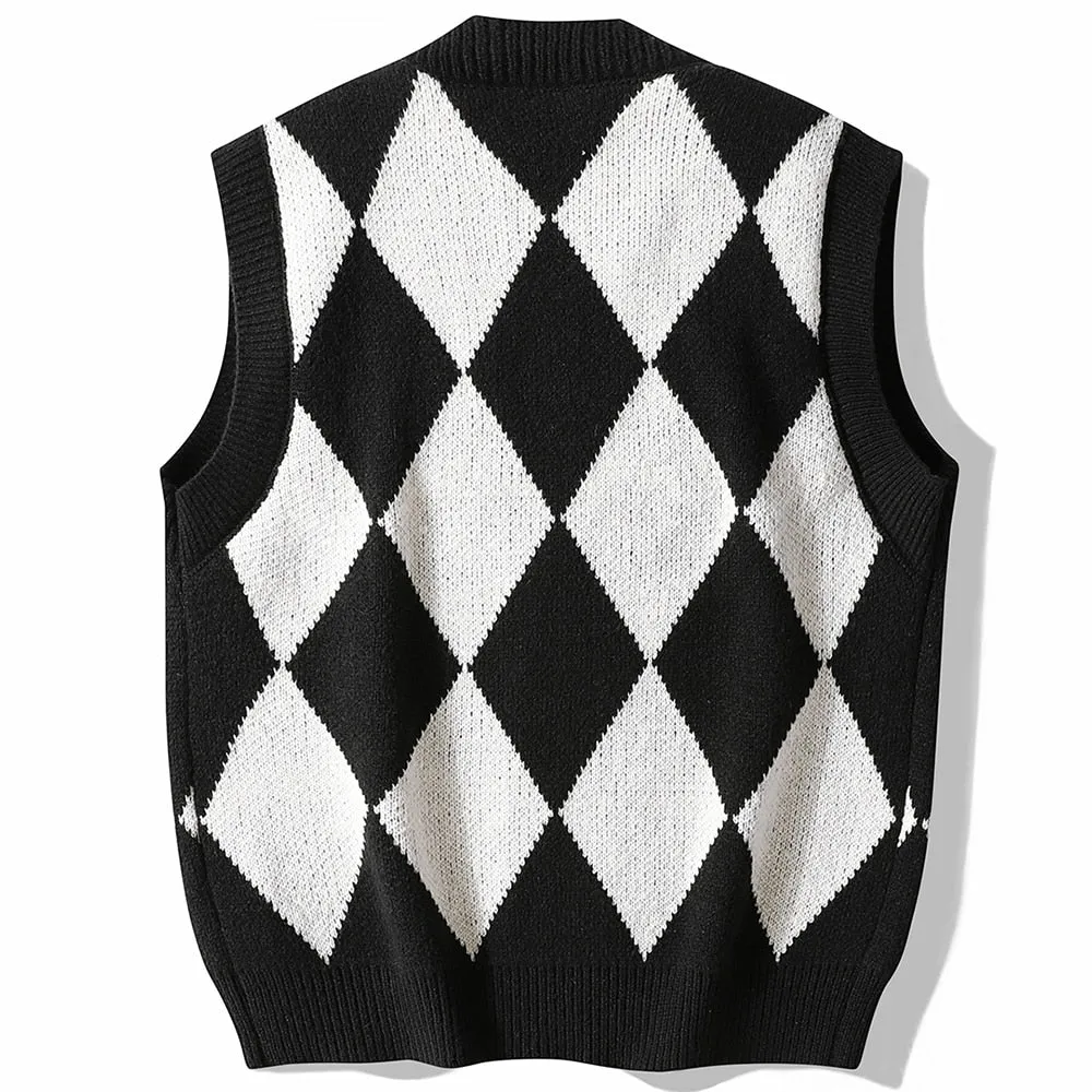 Japanese Men's Argyle Pattern V Neck Loose Oversized Knitted Vest Sweater