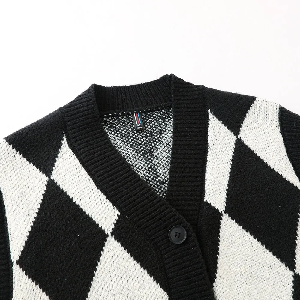 Japanese Men's Argyle Pattern V Neck Loose Oversized Knitted Vest Sweater