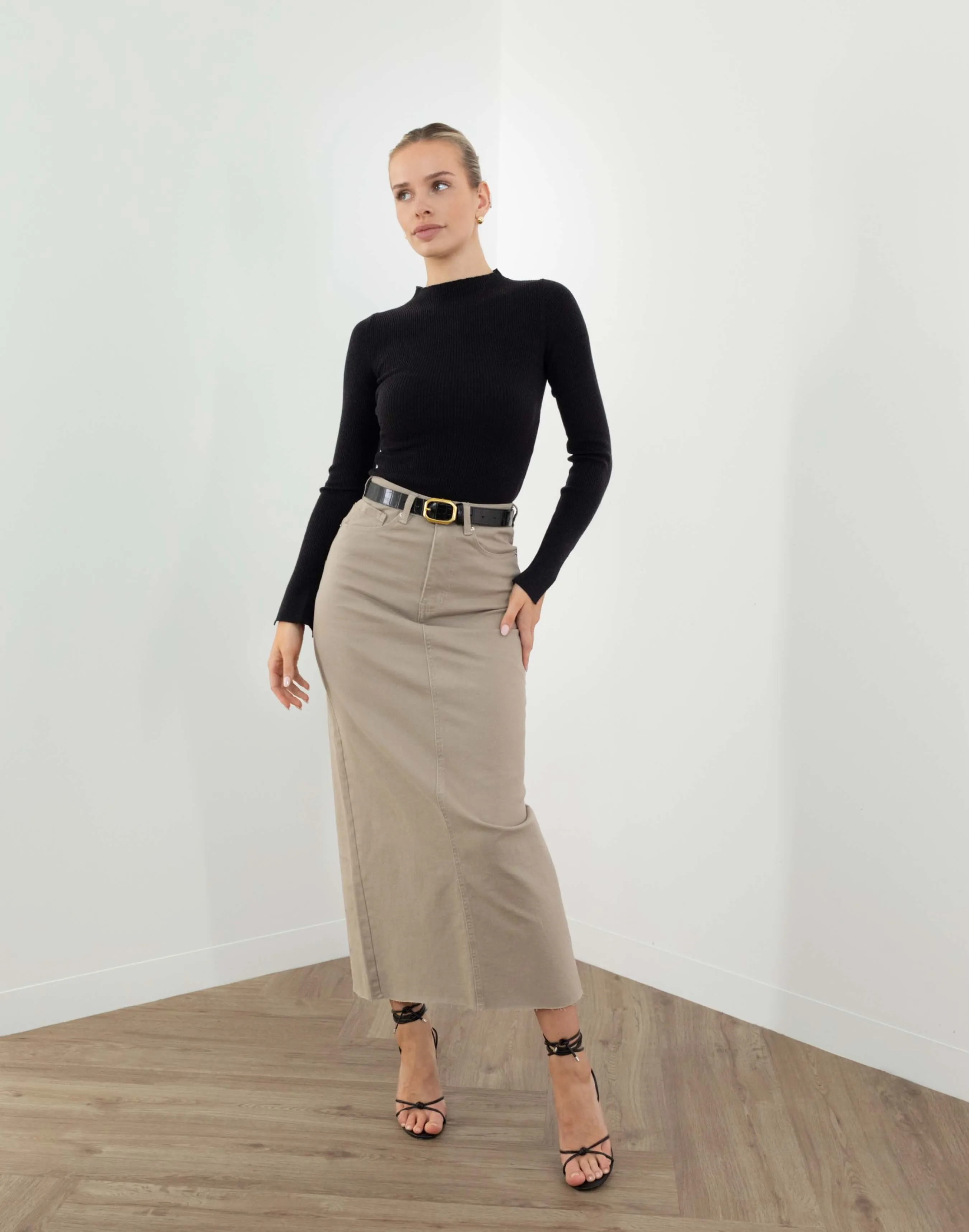 Kenneth Skirt - High Waist Denim Midi Skirt - Mocha