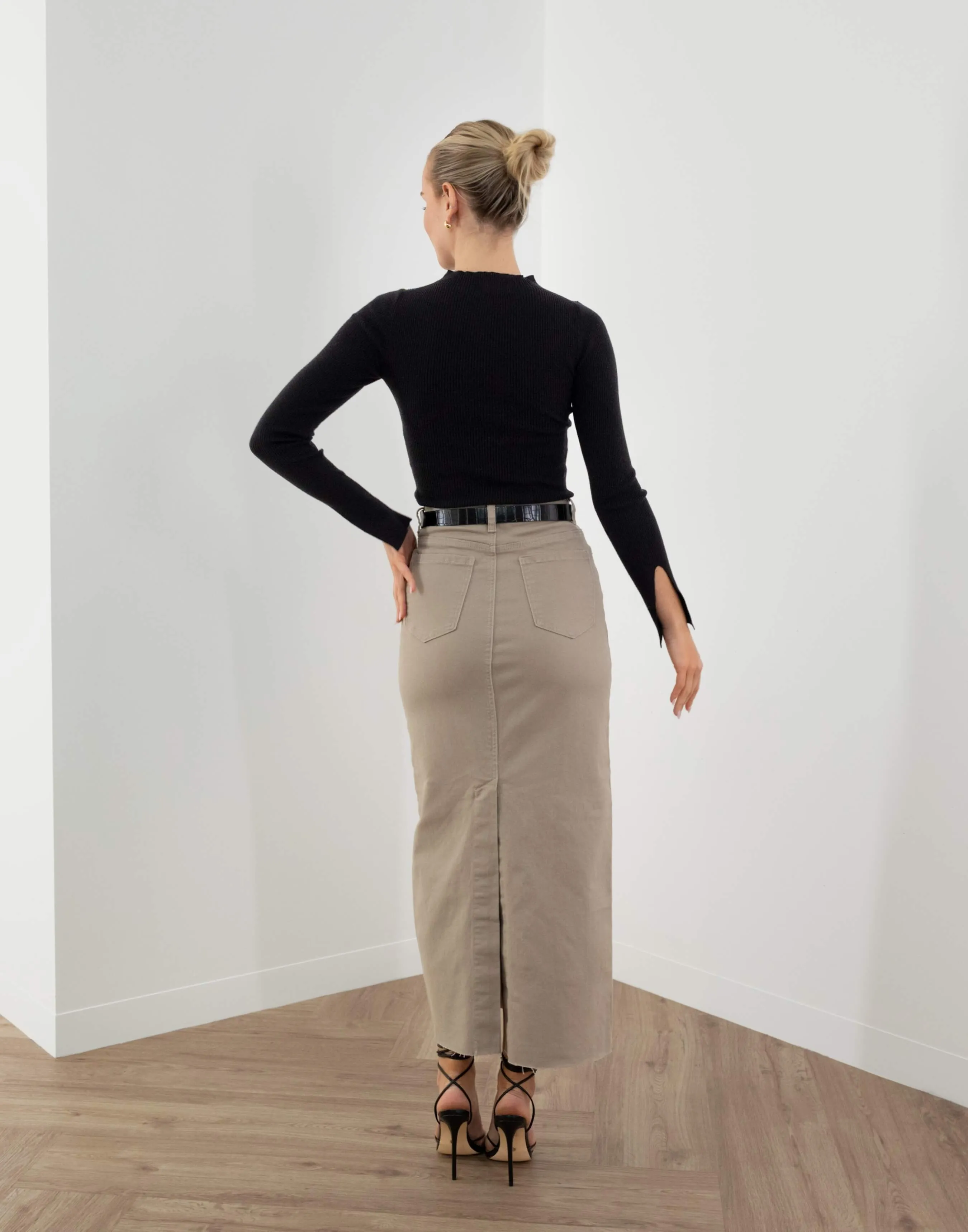 Kenneth Skirt - High Waist Denim Midi Skirt - Mocha