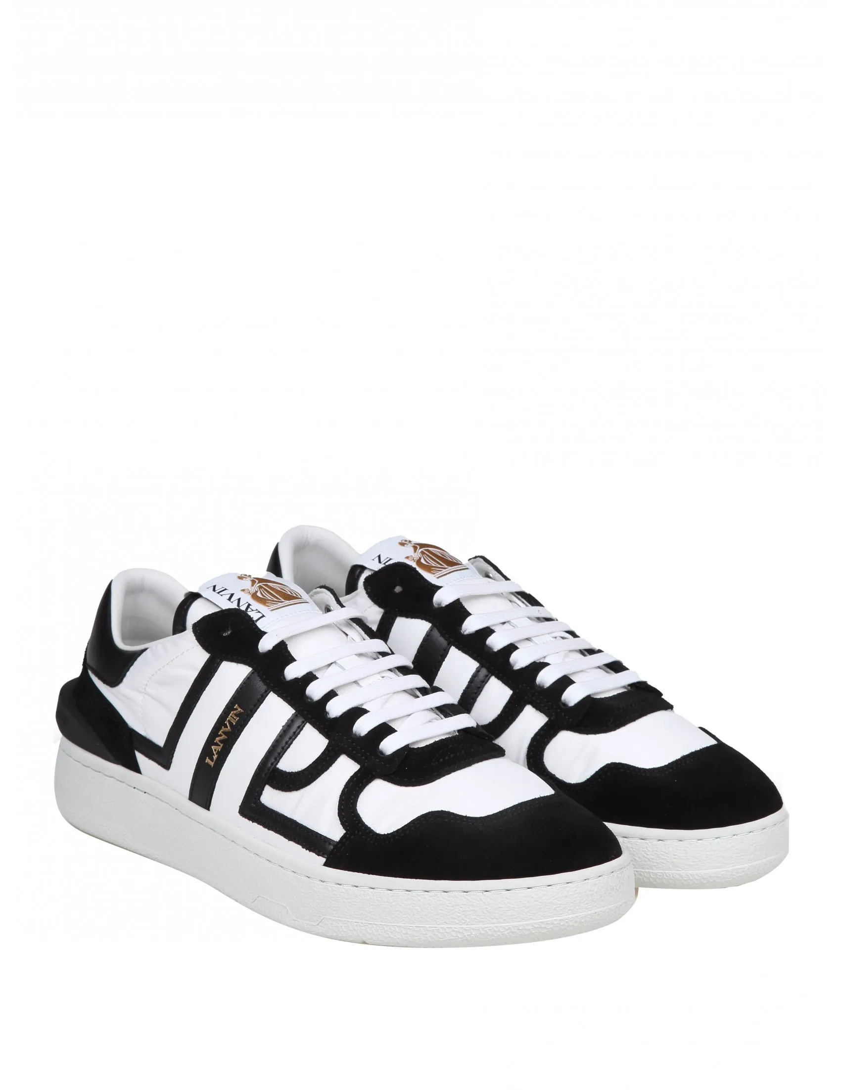 LANVIN CLAY LOW TOP SNEAKERS IN WHITE/BLACK LEATHER AND NYLON