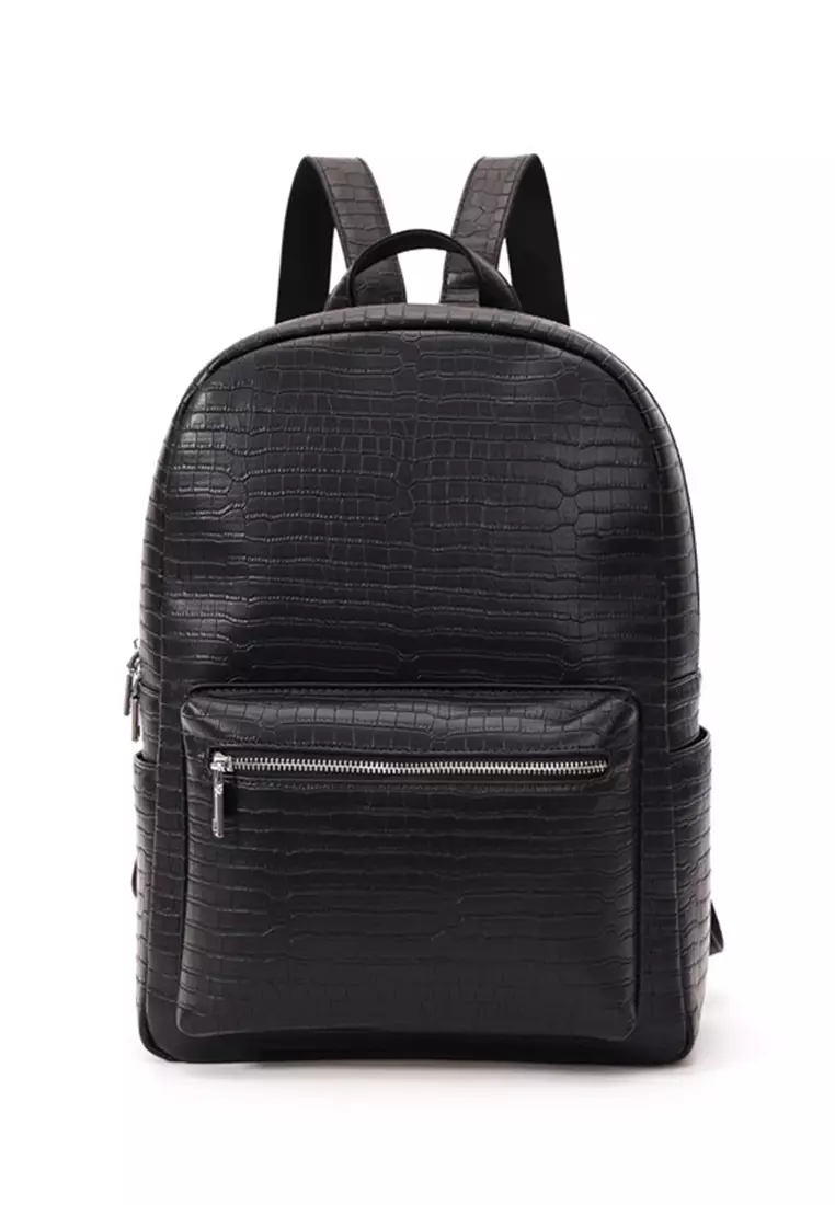 Lara Men's Minimalist PU Leather Crocodile Grain Backpack - Black