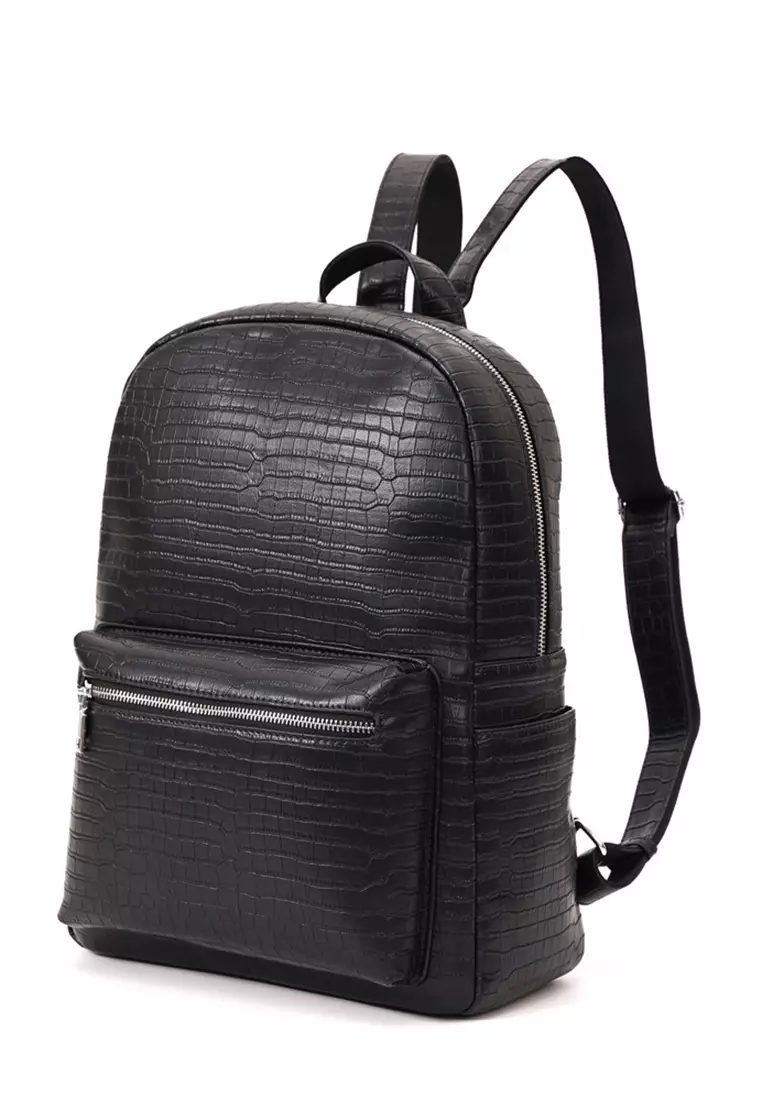 Lara Men's Minimalist PU Leather Crocodile Grain Backpack - Black