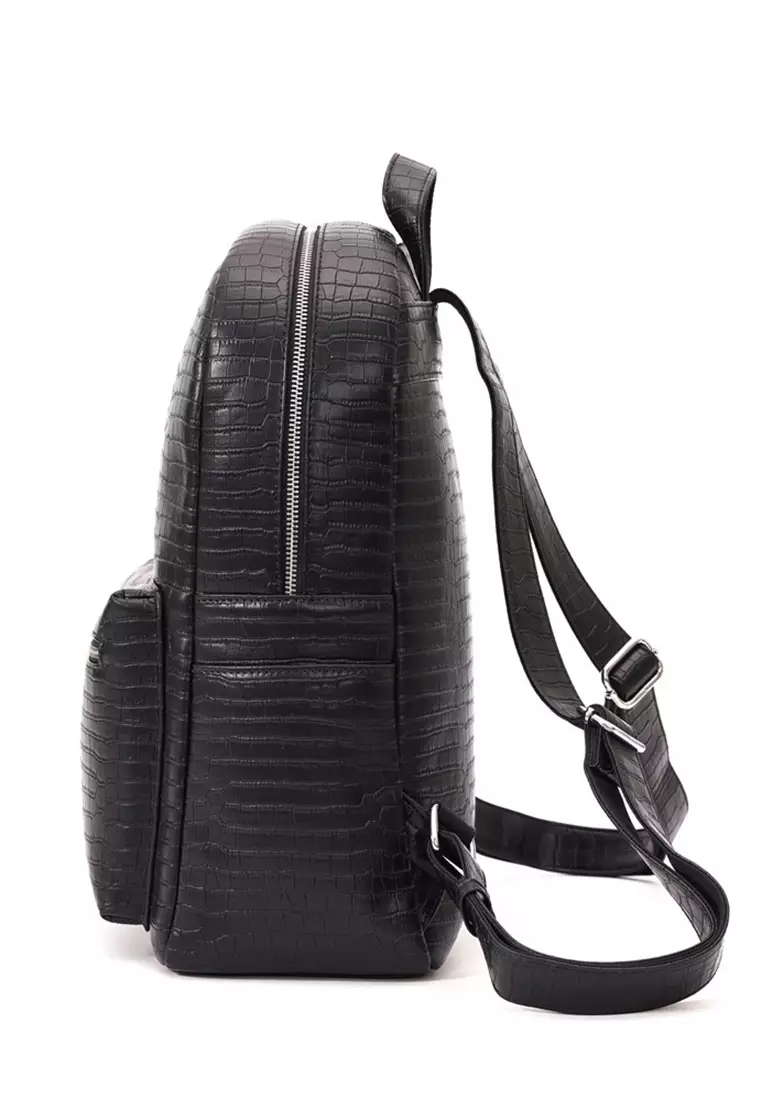 Lara Men's Minimalist PU Leather Crocodile Grain Backpack - Black