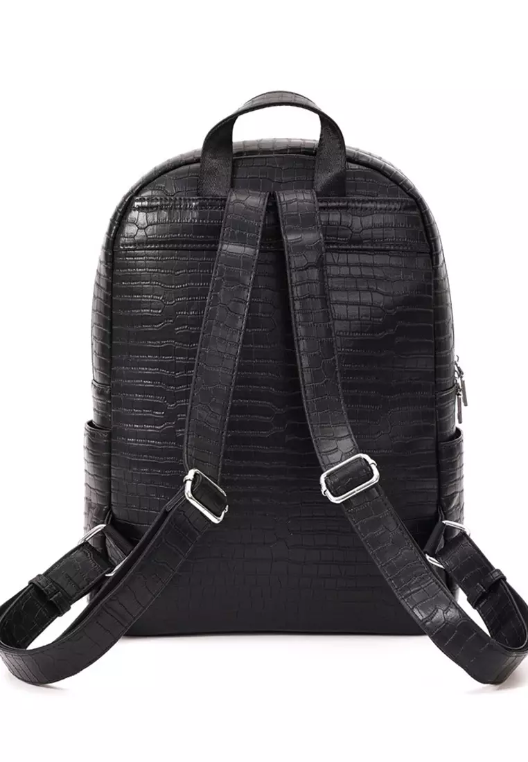 Lara Men's Minimalist PU Leather Crocodile Grain Backpack - Black