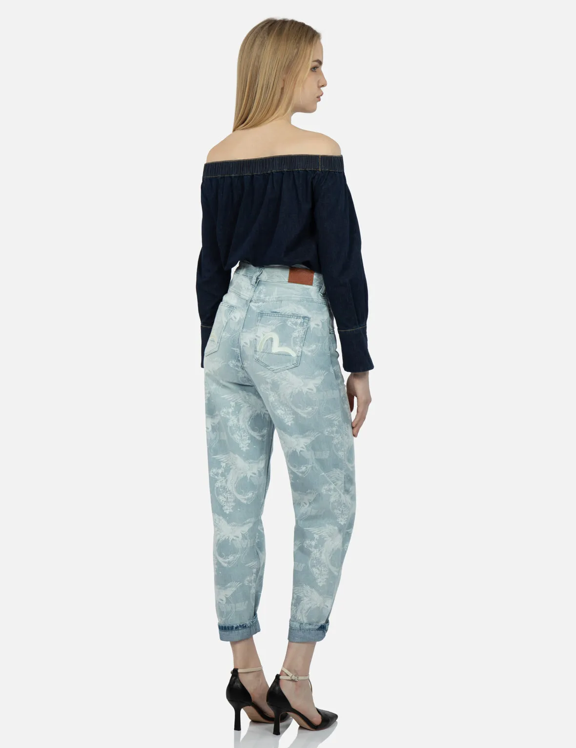 Laser-Print Allover Peacock Denim Taper Jeans