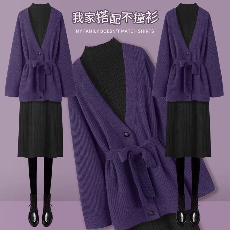 Lazy loose purple knitted sweater cardigan for women 2024 autumn and winter waist slimming knitted dress two-piece suit