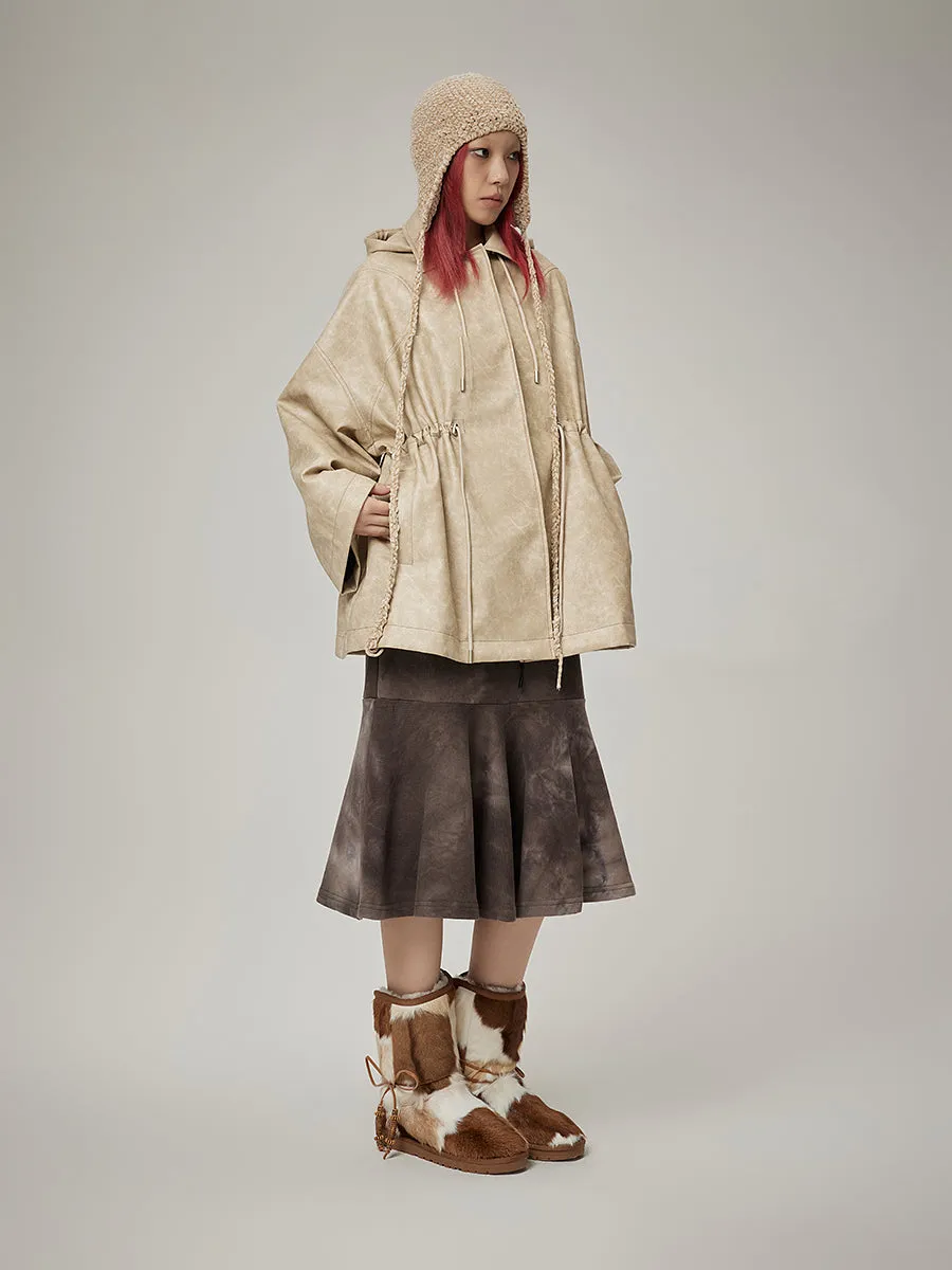 Leather Drawstring Hoodie Casual Oversize Jacket