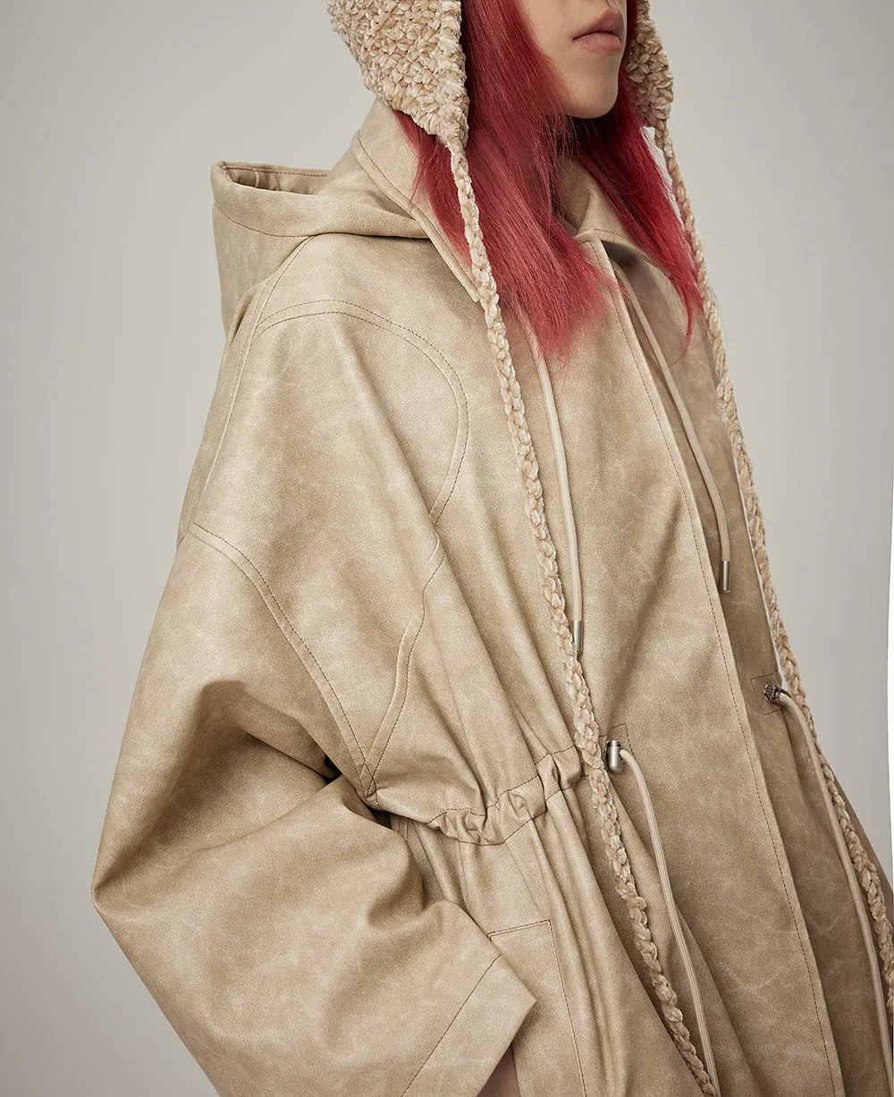 Leather Drawstring Hoodie Casual Oversize Jacket