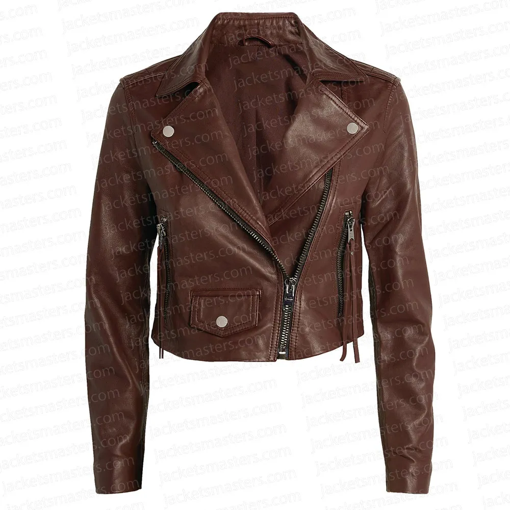 Legacies S04 Danielle Rose Russell Cropped Brown Leather Jacket