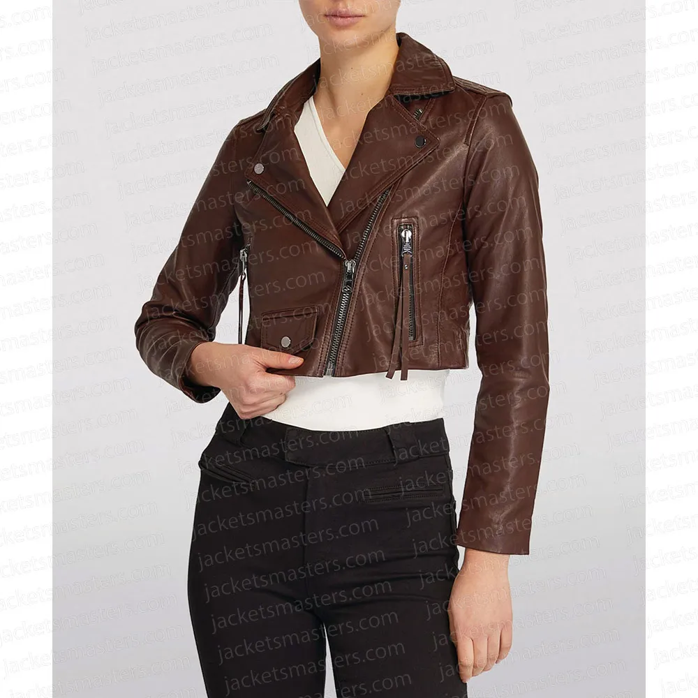 Legacies S04 Danielle Rose Russell Cropped Brown Leather Jacket