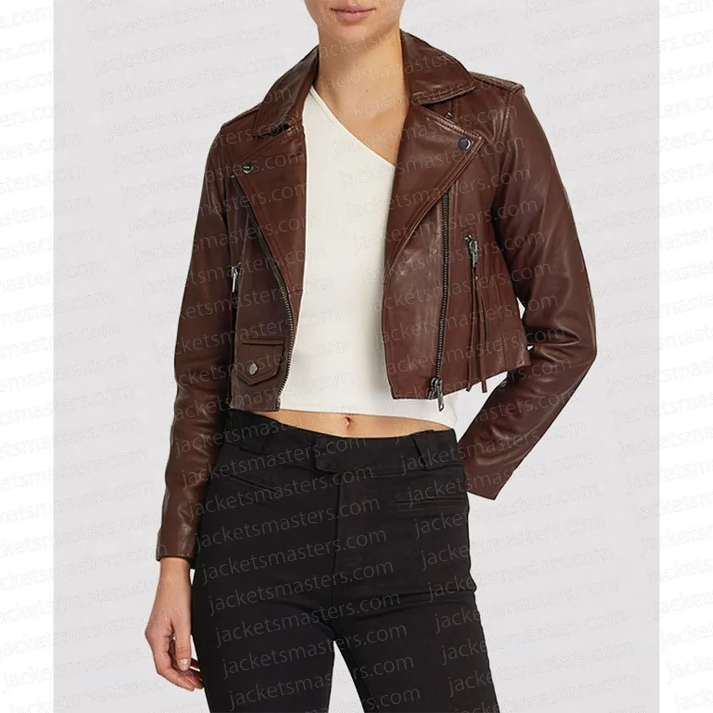 Legacies S04 Danielle Rose Russell Cropped Brown Leather Jacket