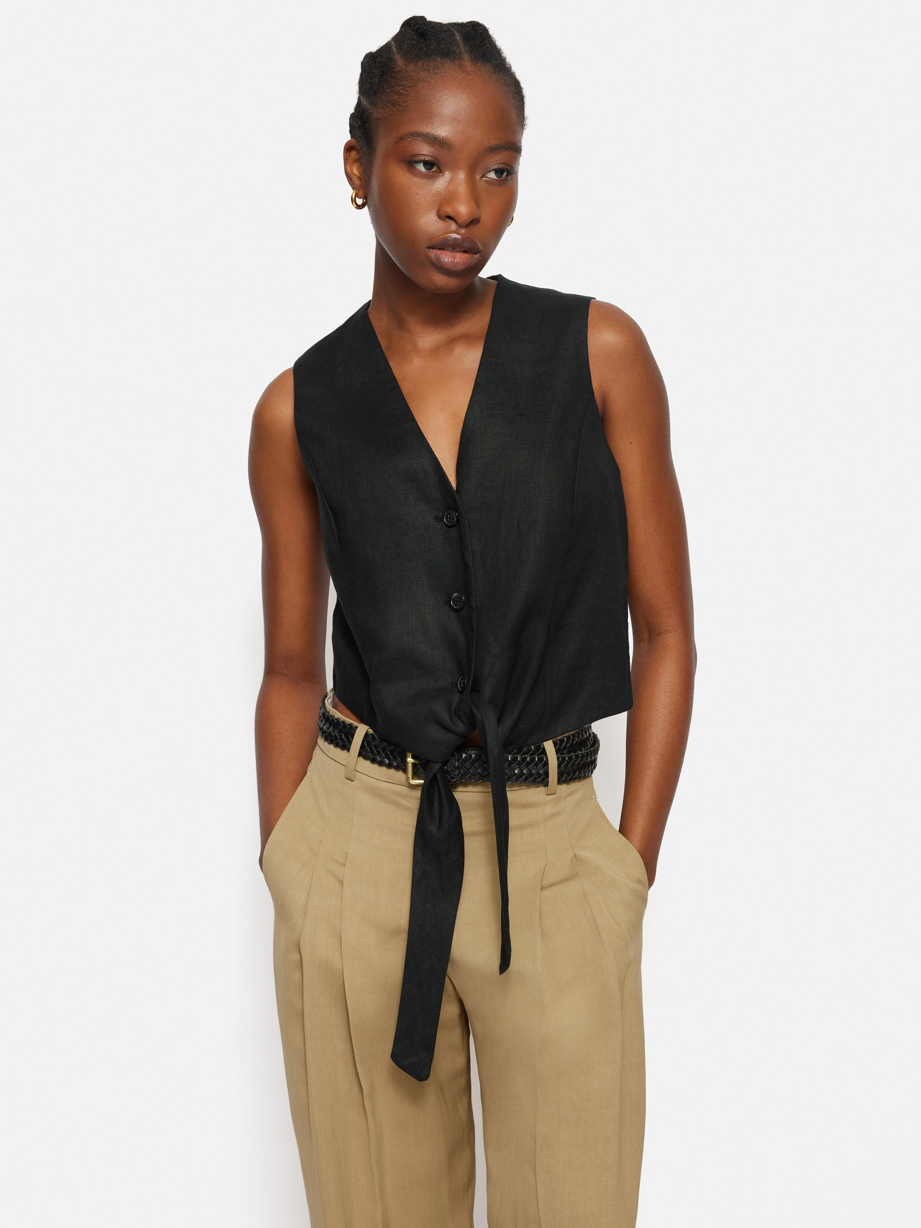 Linen Tie Front Waistcoat | Black