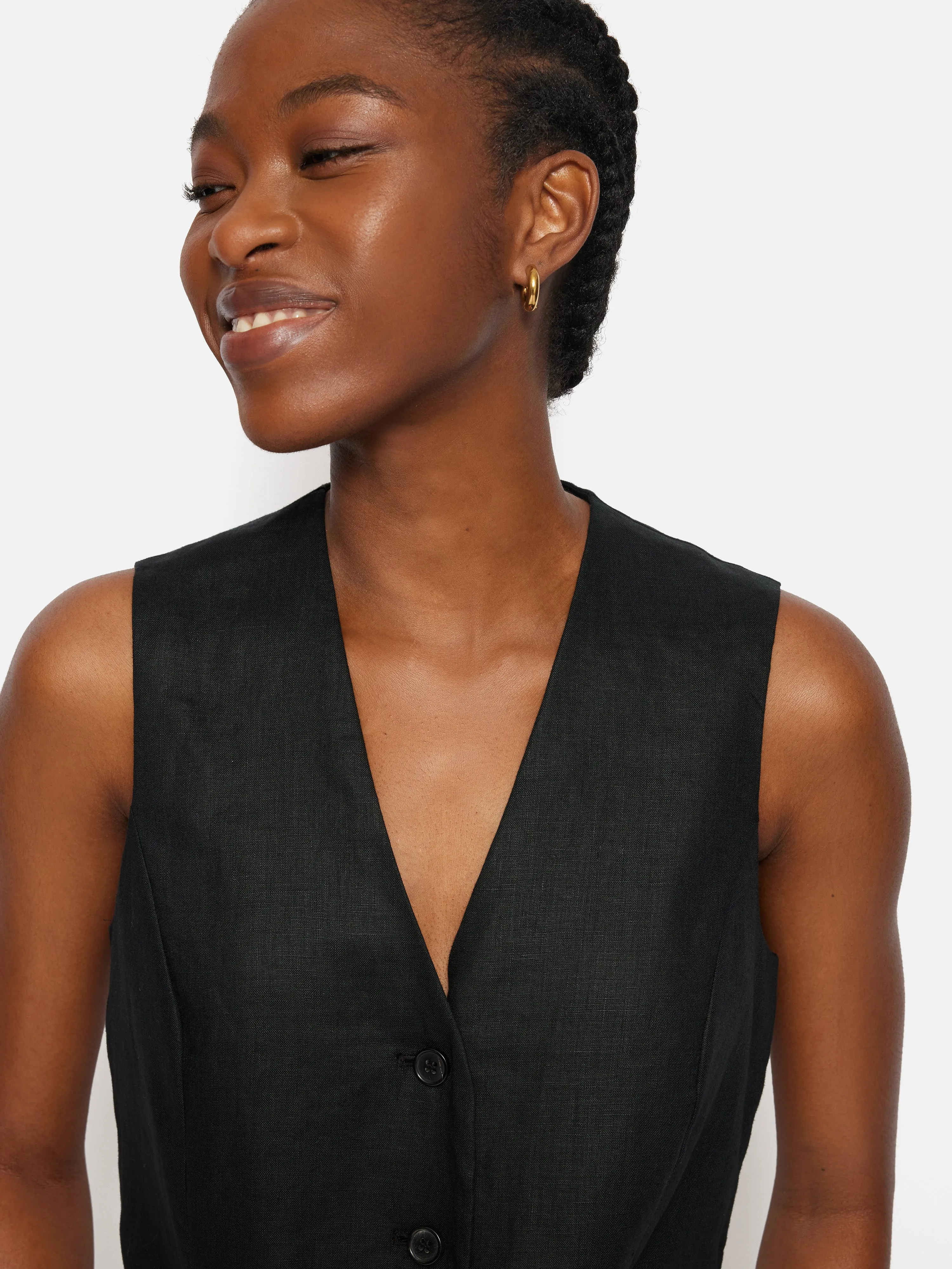 Linen Tie Front Waistcoat | Black