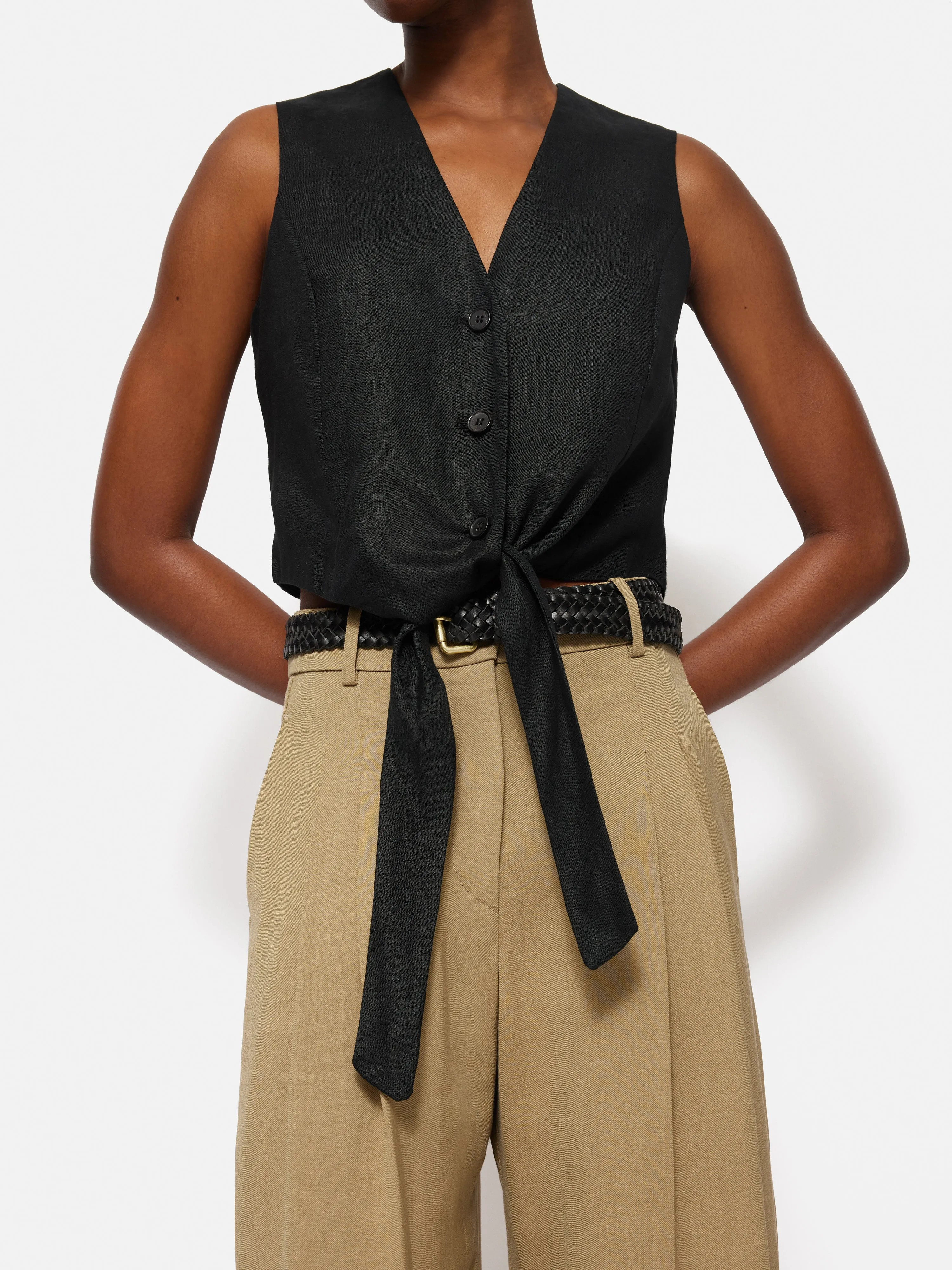 Linen Tie Front Waistcoat | Black