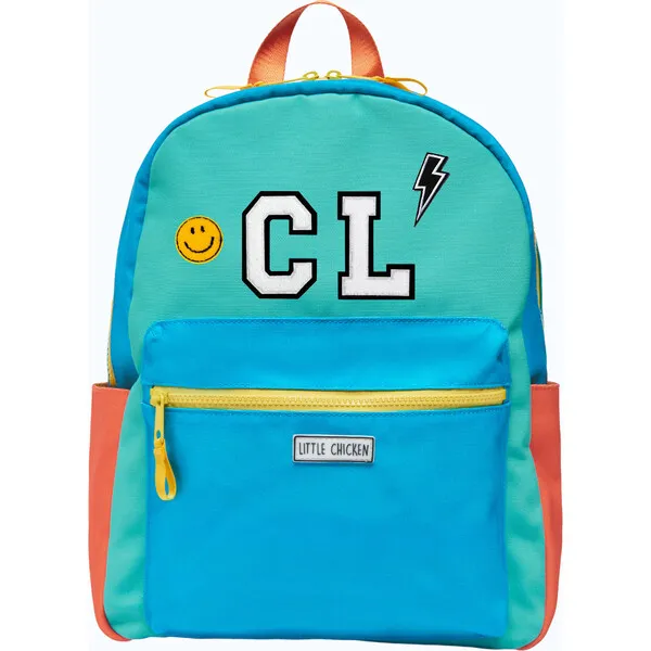 Little Chicken Colorblock Backpack With Monogram Patches, Blue & Multicolors