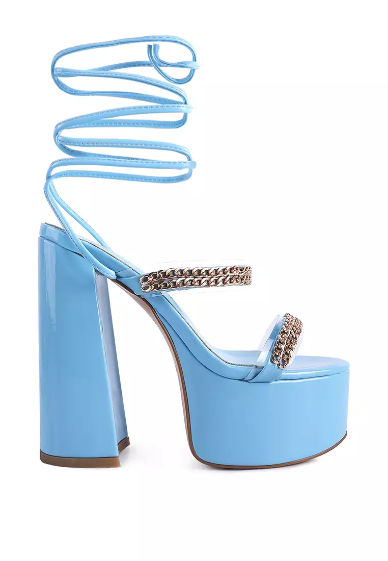 London Rag Blue Metal Chain Lace Up Chunky Sandals