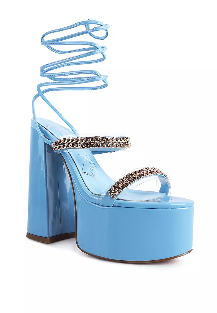 London Rag Blue Metal Chain Lace Up Chunky Sandals