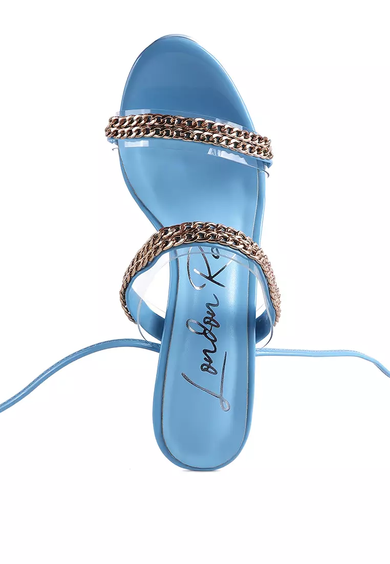 London Rag Blue Metal Chain Lace Up Chunky Sandals